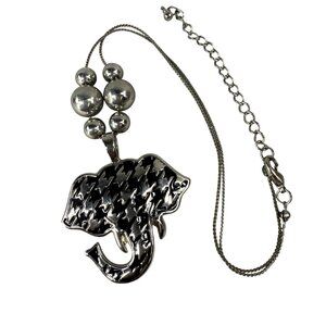 Silver-Tone Elephant Pendant Necklace Houndstooth Pattern Adjustable Chain